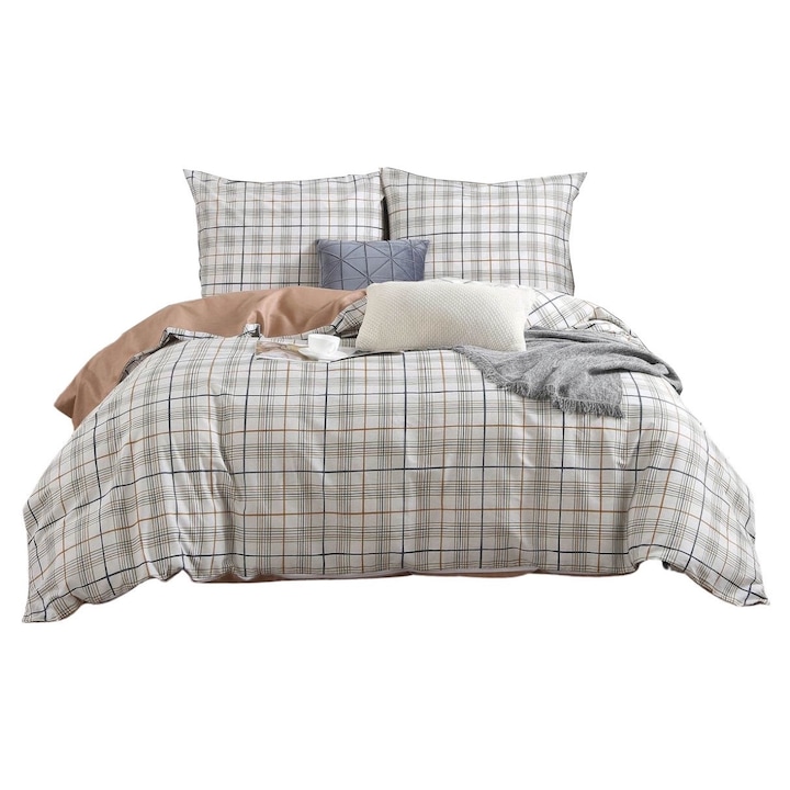 Lenjerie de pat din satin de bumbac 140x200 bej alb negru check