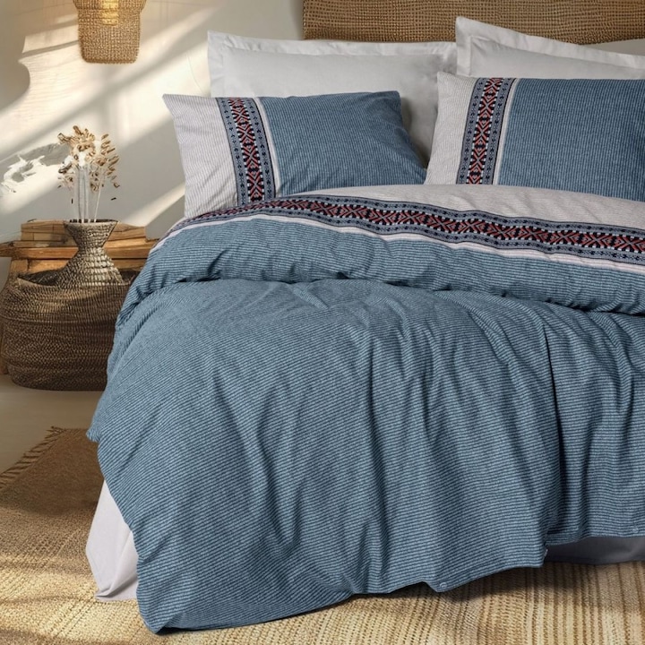 Dupla ágynemű geometrikus hímzéssel, 100% pamut ranforce, 240 x 260 cm, 4 db, Pamut doboz, Népművészet, Polku Gri