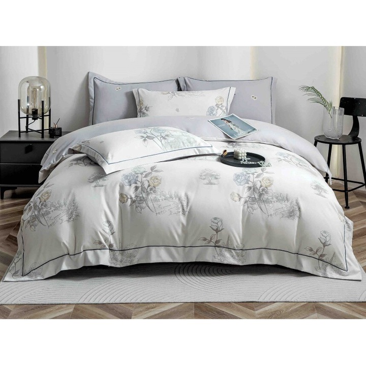 Lenjerie de Lux, Jojo Home, Bumbac finet, 6 piese, 2 persoane, 180x200cm, Imprimeu Mini Buchet, Alb-Gri