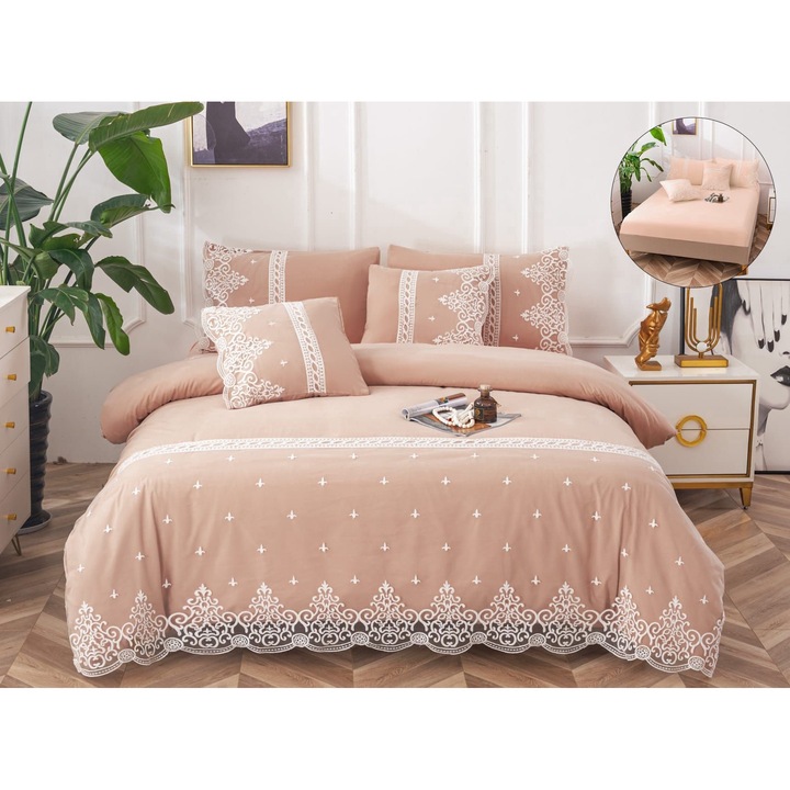 Set lenjerie pat dublu cu elastic, doua persoane, cearceaf pat cu elastic 180/200 cm, cearceaf pilota 200/230 cm, fete perna 50/75 cm, fete perna 50/50 cm, model deosebit cu broderie