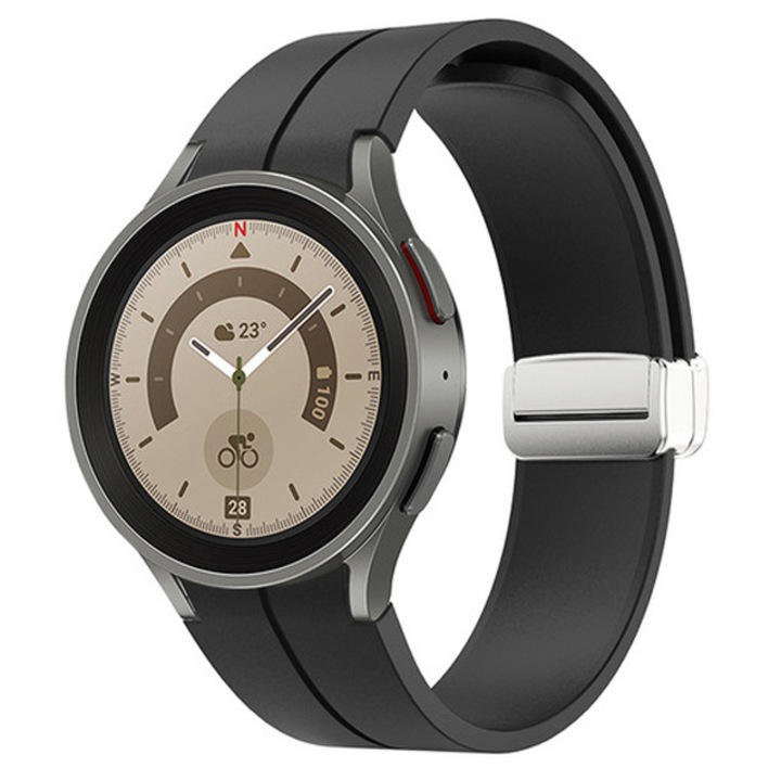 Curea magnetica din silicon moale 20mm, SAFEMORE, Sport Band compatibila cu Smartwatch Samsung Galaxy Watch 4/5/6/7, Display 40/42/43/44/45/46/47mm, Negru intens
