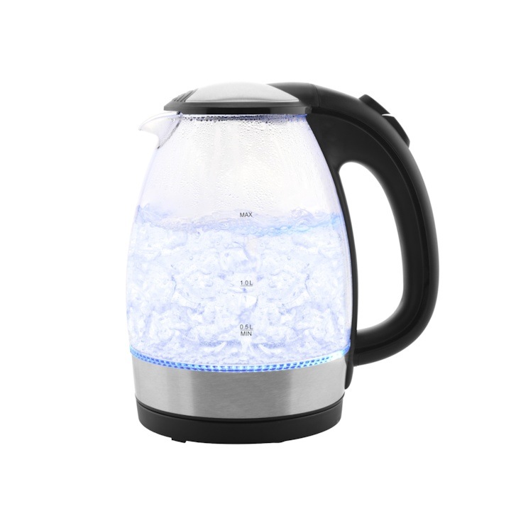 Cana electrica fierbator, din sticla, capacitate 2L, putere 2200 W, iluminare LED, oprire automata, negru/transparent