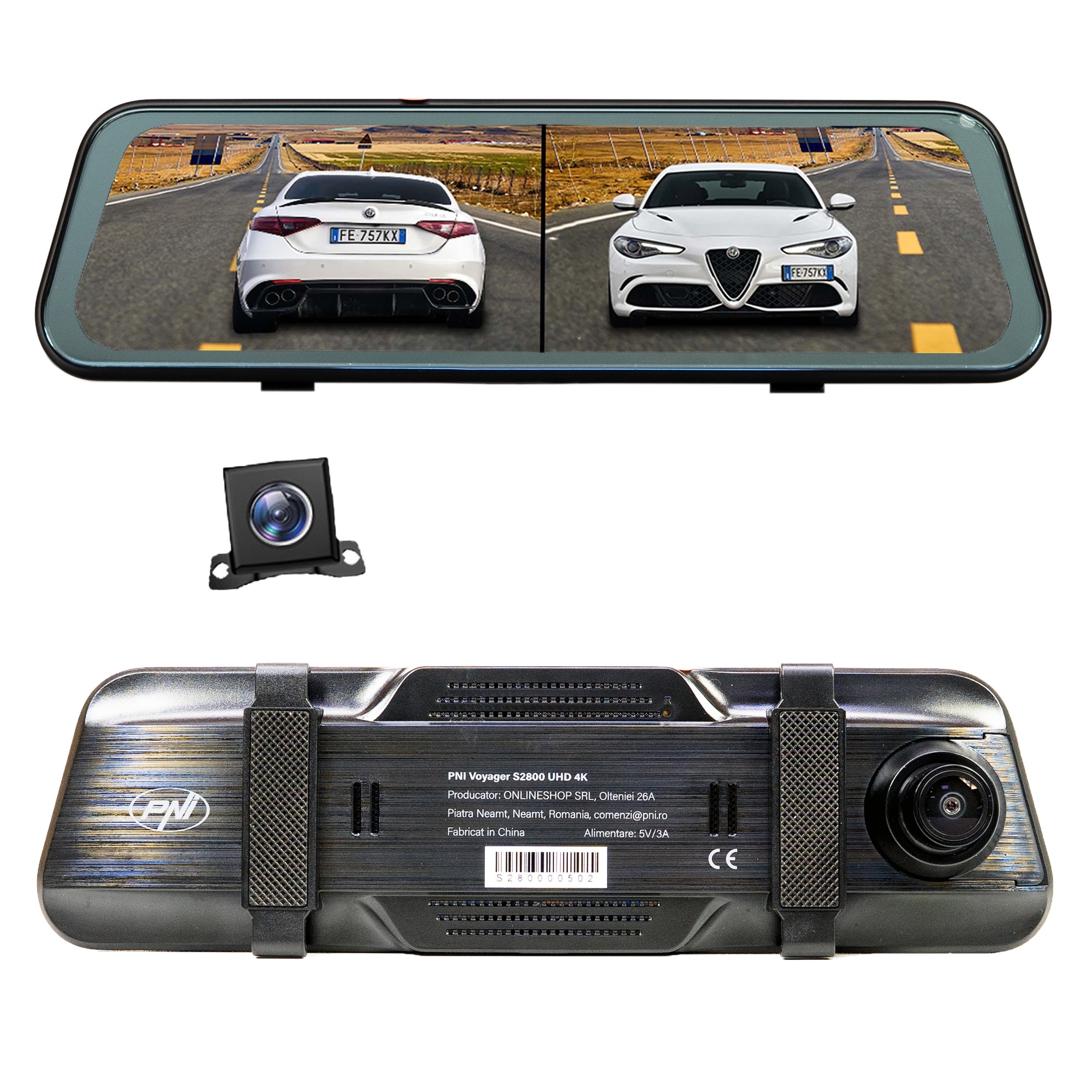 Camera auto DVR PNI Voyager S2800 UHD 4K 170° incorporata in oglinda retrovizoare, 9.66 inch, touchscreen IPS, monitorizare parcare, G-Sensor, slot card micro SD, USB-C, functie GP