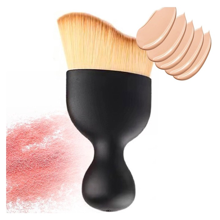 Pensula machiaj Curvy Shape Doty®, ideala pentru fondul de ten, pudra sau blush, usor de utilizat, par fin si des, negru, 9.5x4.5 cm