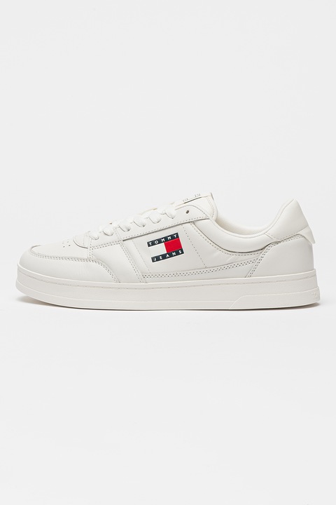 Tommy Jeans, Pantofi sport de piele cu segment frontal perforat, Rosu/Alb fildes/Bleumarin