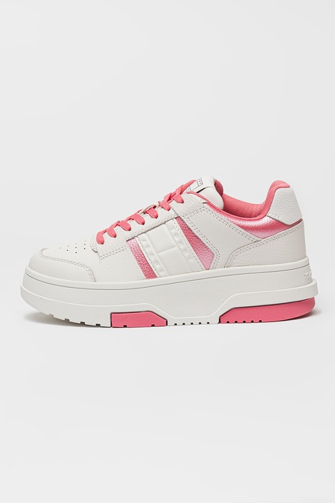 Tommy Jeans, Pantofi sport low-cut de piele, Alb/Roz