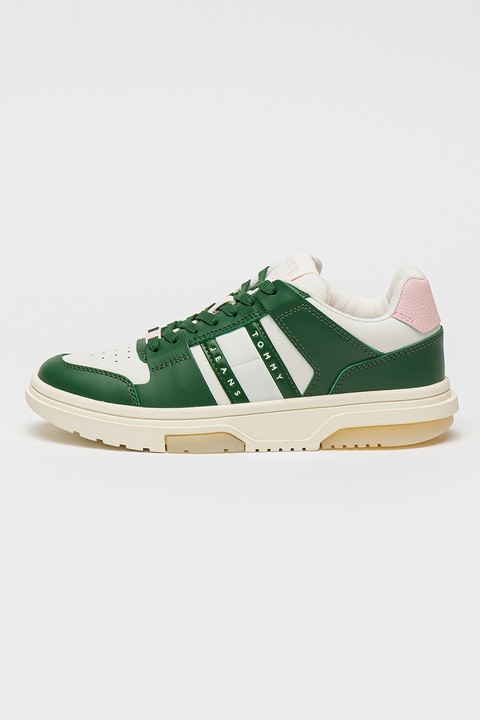 Tommy Jeans, Pantofi sport din piele cu logo The Brooklyn, Alb/Verde/Roz