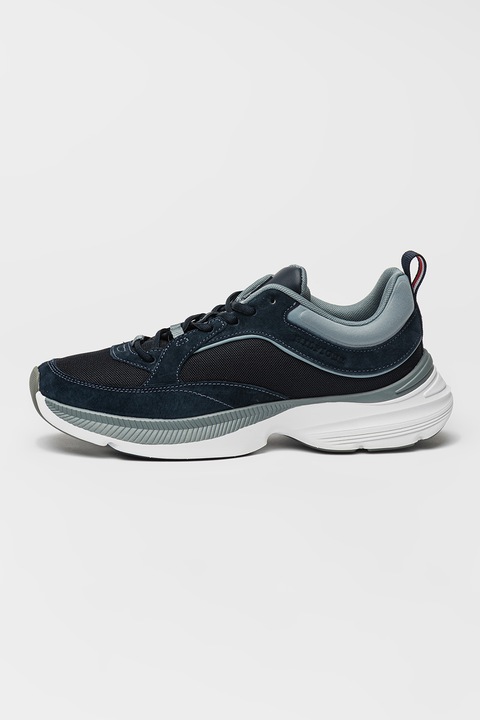 Tommy Hilfiger, Pantofi sport cu insertii din piele intoarsa Dynafast, Gri carbune/Bleumarin