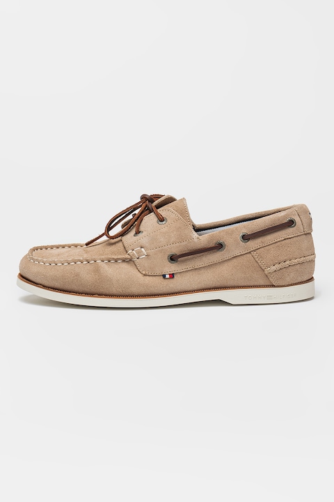 Tommy Hilfiger, Pantofi boat din piele intoarsa cu varf rotund, Maro deschis