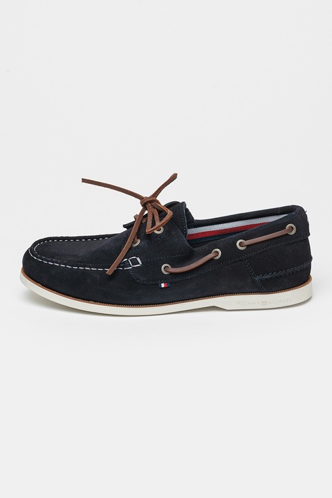 Tommy Hilfiger, Pantofi boat din piele intoarsa cu varf rotund, Albastru ultramarin