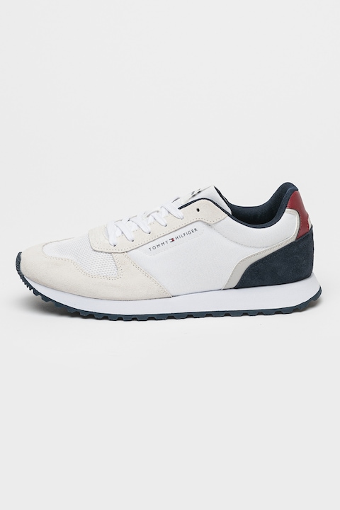 Tommy Hilfiger, Pantofi sport cu insertii din piele intoarsa, Alb, Visiniu, Albastru ultramarin, 45