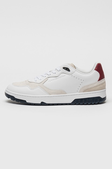 Tommy Hilfiger, Pantofi sport din piele, pentru baschet, Alb/Gri deschis