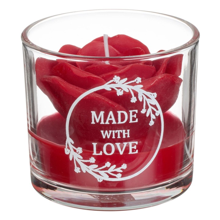 Свещ Червена роза в бяло стъкло с послание "Направено с любов" Ø8x7см