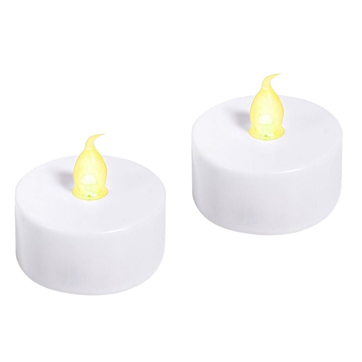 LED pillegyertya, fehér láng, 2 db LR44 elemmel működik (tartozék), égési idő 80-100 óra, méretei Ø4x4cm, 2 db-os készlet, lakásdekoráció, környezeti világítás