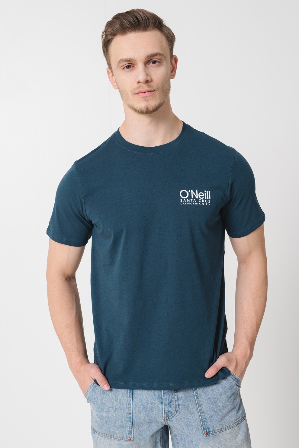 O'Neill, Tricou cu decolteu la baza gatului si logo pe piept, Alb optic, Albastru petrol, L