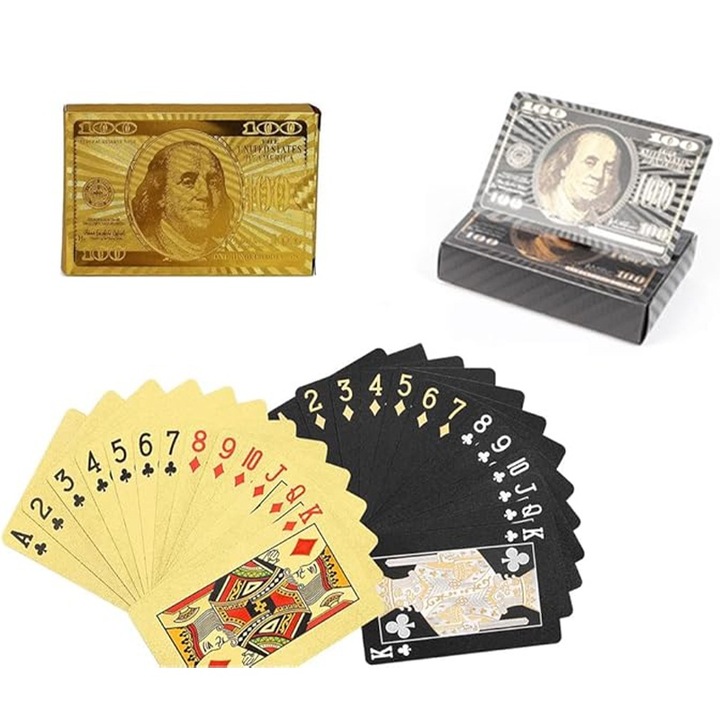 Carti de joc rezistente la apa, Fudisenn®, carti de joc din plastic, pachet de carti, carti de poker cadou, Divertisment, agrement, petrecere，Aur+Negru，5,6 x 2 x 8,6 cm