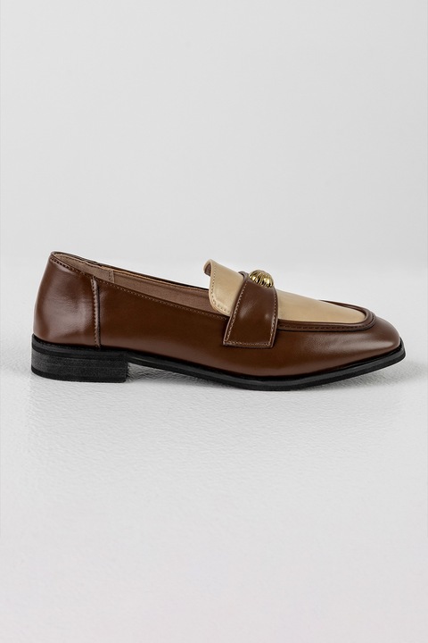MUSK, Pantofi loafer de piele ecologica cu detaliu metalic, Auriu/Maro inchis, 38