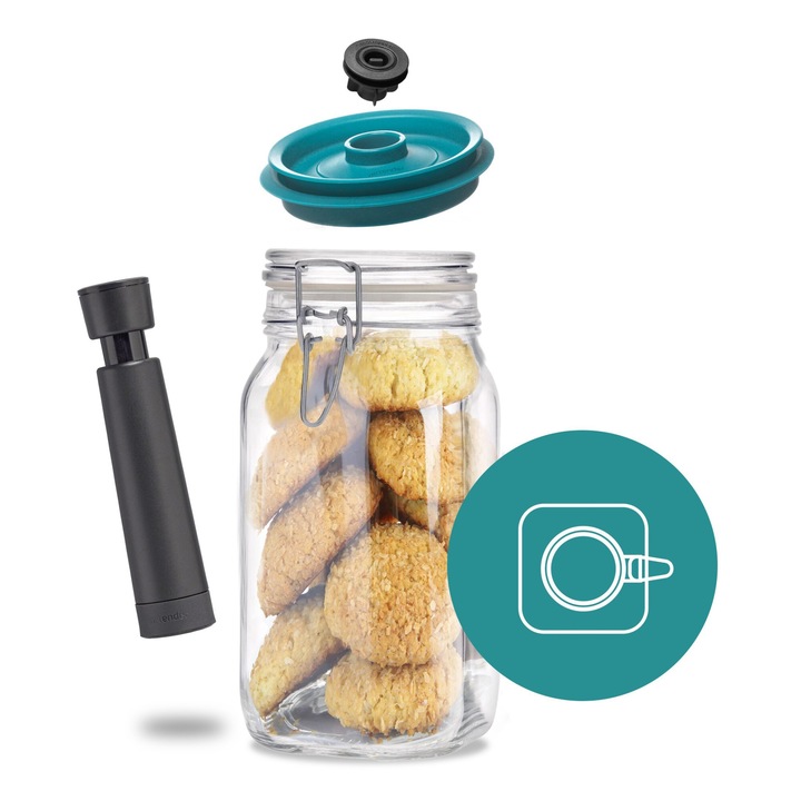 Set 3 borcane BORMIOLIO patrate cu clip de 1, 5 litri, capace vid, pompa AIRTENDER