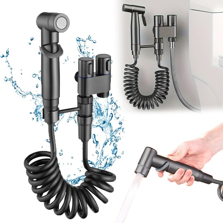 Преносима тоалетна пръскачка за биде, 1 в 2 изходен двоен контролен клапан, комплект пръскачки за кран за тоалетна, глава за миене, ръчна приставка за биде за душ за пералня и тоалетна, сив