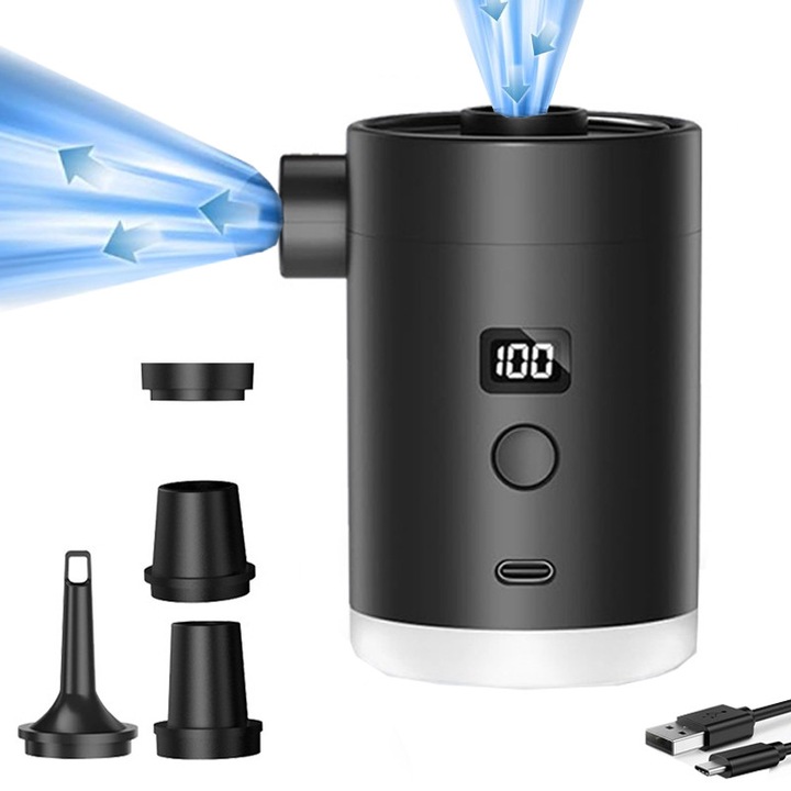 Pompa de aer electrica, Fudisenn®，3 in 1 pentru umflat/dezumflat saltele, rezistenta la apa IP55, multifunctionala, portabila, reincarcare USB, lanterna LED, 4000mAh, 3 duze, portabila, Negru，9×5,5cm