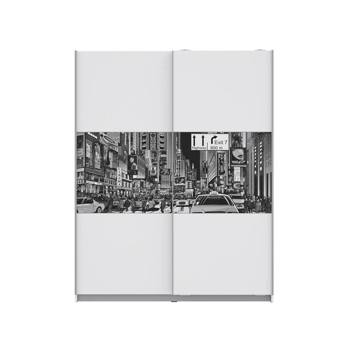 Dulap Expomob TIGO, cu usi glisante, 5 rafturi, bara haine, alb, 150x61x191 cm