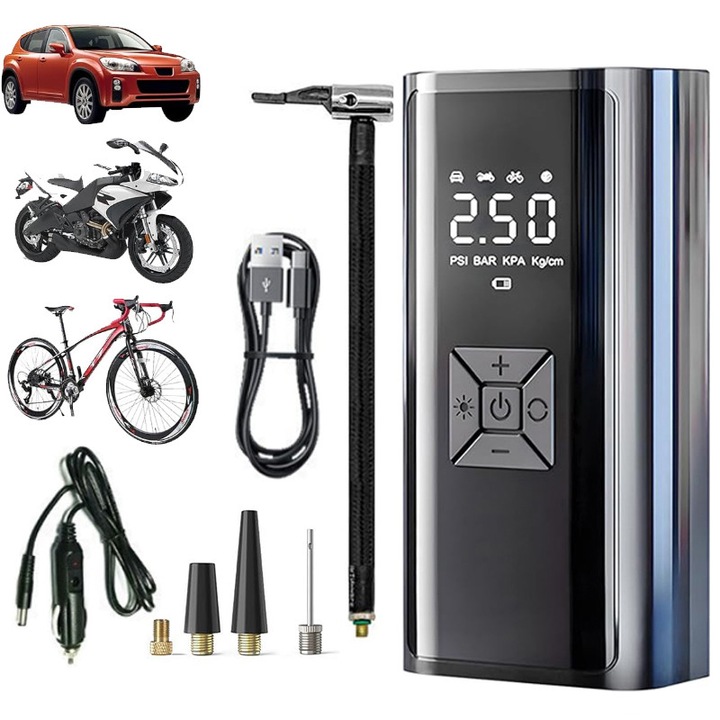 Pompa Aer Multifunctionala Electrica Inteligenta，Pompa aer auto electrica ，Fudisenn®,12V,120W, baterie 4500 mAh, afisaj digital LCD, Lanterna LED, Portabila, Reincarcare USB sau la bricheta masinii, Manometru digital, Negru,16×8×6cm