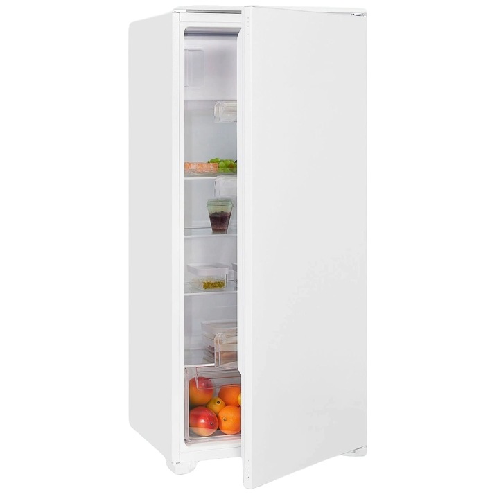 Frigider incorporabil Exquisit, capacitate totala 181 litri, H 123 cm, congelator 4 stele, No Frost, mod SuperCool, compartiment pentru fructe si legume, 4 rafturi din sticla, iluminat interior LED, control mecanic de temperatura, picioare ajustabile, alb