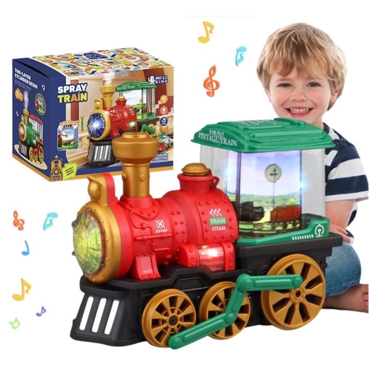 Jucarie tren electric cu aburi, potrivita pentru copii de 3-5 ani, cu fum de locomotiva cu aburi, lumini si sunete, jucarie tren de Craciun care se roteste 360°, cadou de zi de nastere, potrivita pentru copii de 0-6 ani, verde