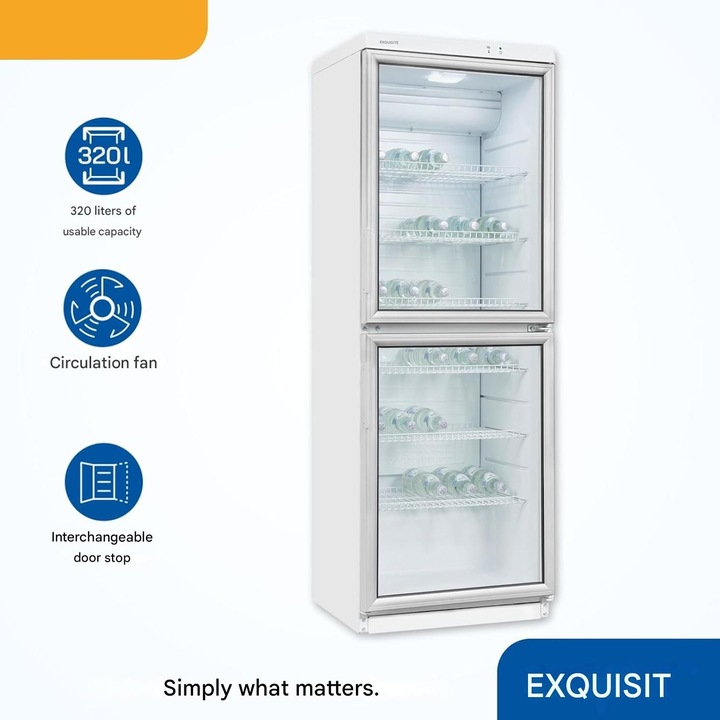 Vitrina frigorifica Exquisit, capacitate 320 litri, H 173 cm, potrivit rezidential/baruri/magazine/benzinarii, racire ventilata, control temperatura, lumina interioara LED, 6 rafturi interschimbabile, picioare ajustabile, alb