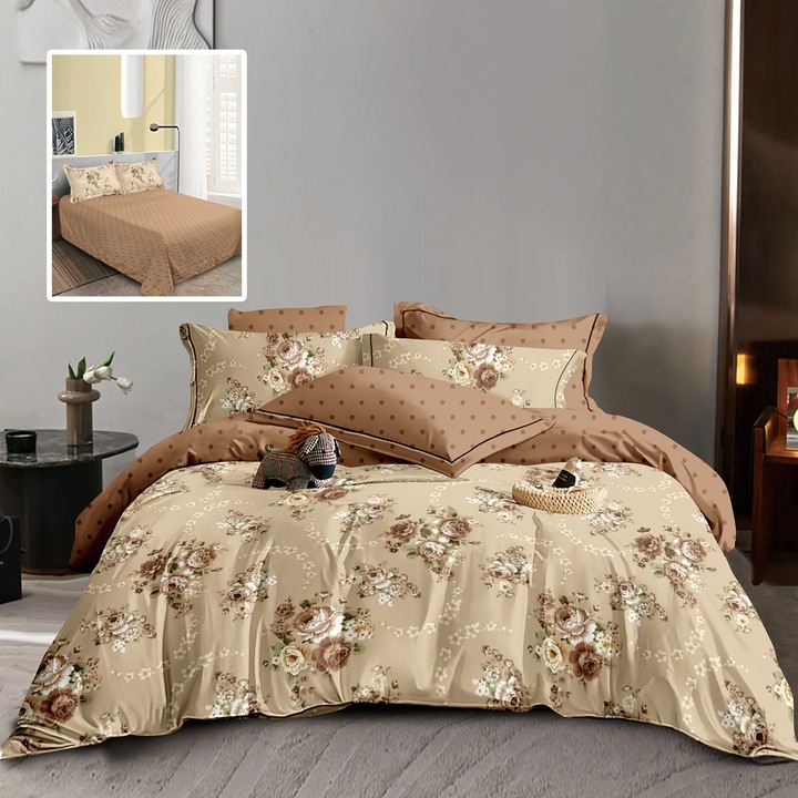 Двойно спално бельо Finet Cotton Thick 6 части NufJoy® чаршаф 220x240 см, чаршаф за завивка 200x220 см, 2 калъфки за възглавници 70x70 см, 2 калъфки за възглавници 50x70 см M528 Кафяви рози