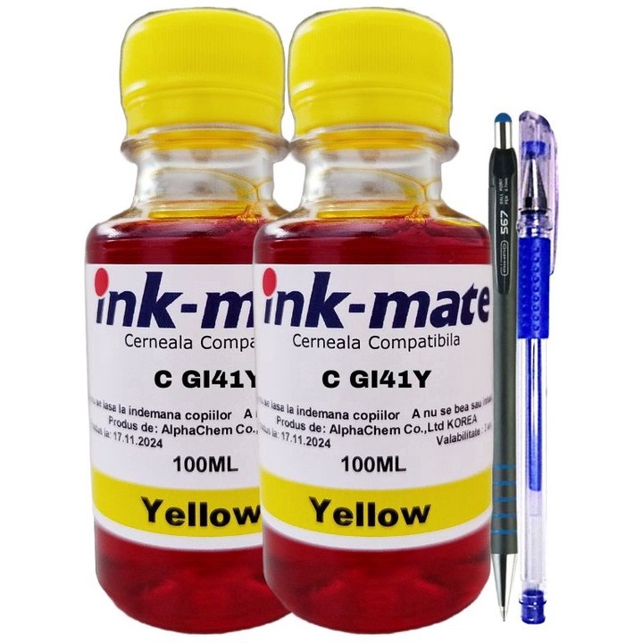 Ink-Mate kompatibilis Canon GI41 tintasugaras készlet (2x100 ml sárga) + CNX567 toll és gél toll