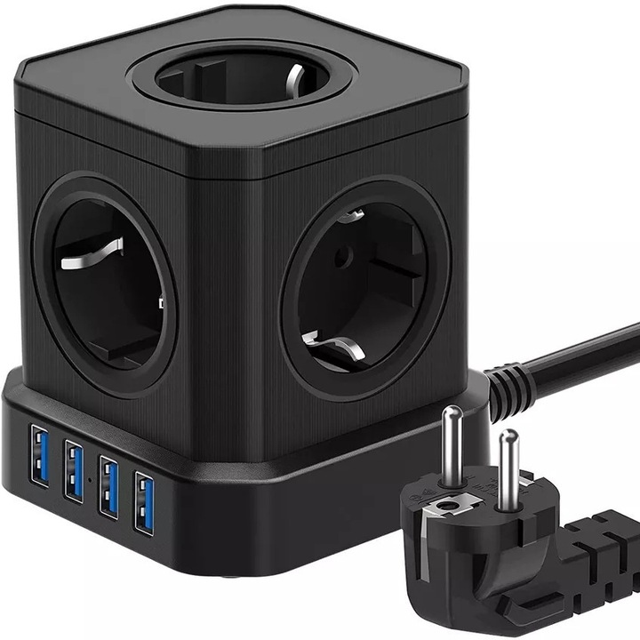 LYCENXI Удължителен кабел 2 м с 5 AC контакта и 4 USB, защита от пренапрежение, черен, 9x9x9.5 см
