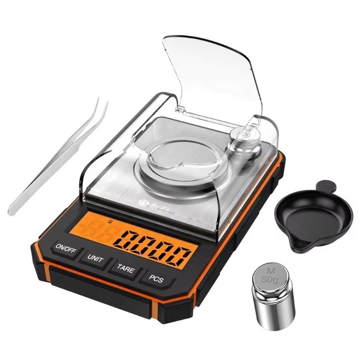 Cantar pentru bijuterii cu precizia de 0.001g, LCD, cu functia de calibrare, 50 g greutate maxima cantarita, Negru