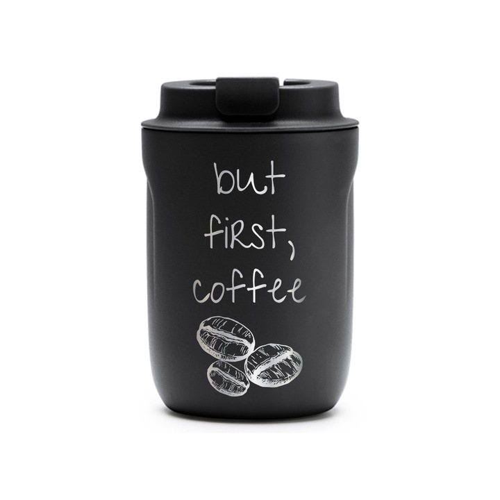 Термос Cana Intelli® Travel Mag Tanik, First Coffee, без BPA, поддържа напитката гореща или студена, капацитет 250 мл, черен, 1878334 TaBL 34