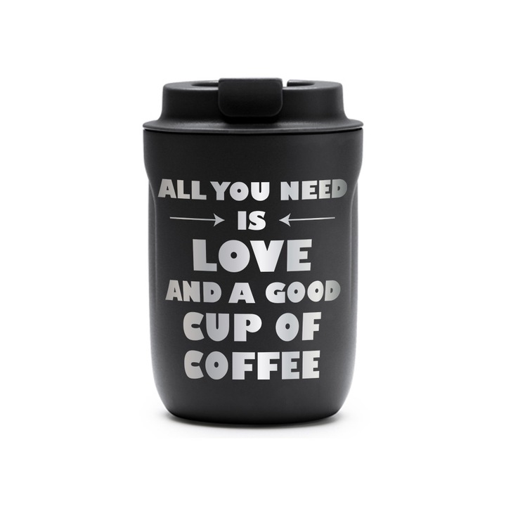 Термос чаша Intelli® Travel Mag Tanik, All you need is ..., Без BPA, Поддържа напитката гореща или студена, Вместимост 250 мл, Черна, 1878334 TaBL 35