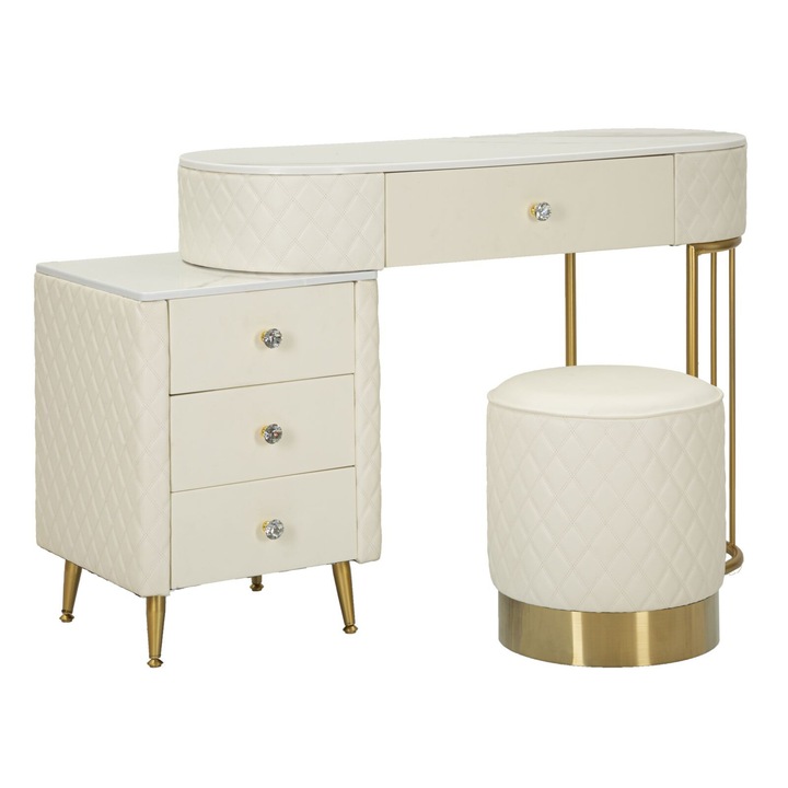 Тоалетка Mauro Ferretti, с 4 чекмеджета, капитонирана еко кожа, златиста метална конструкция, мраморен плот, размери 120х40х75 см, комплект с табуретка О36х39