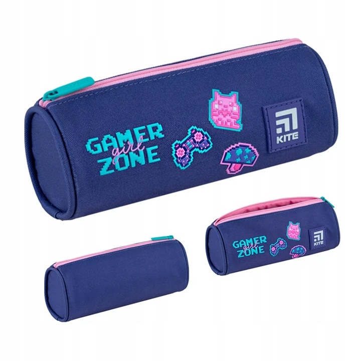 Penar scolar pentru fete, design Game Over, Kite, K24-667-1, albastru/roz, 6.5x7x19cm