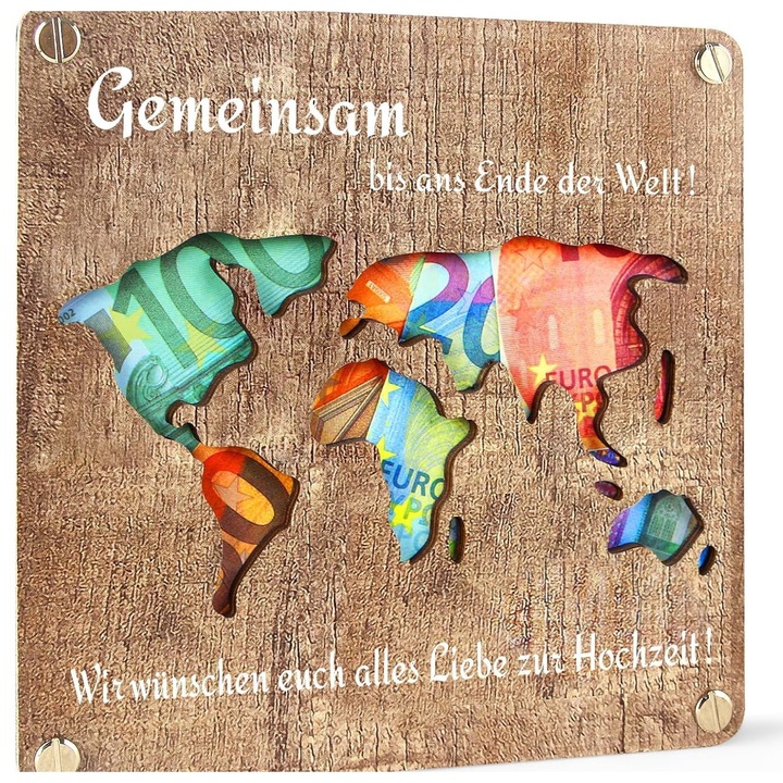 Cadou de nunta din lemn, cu harta lumii, suport pentru bani, personalizat cu text in limba germana