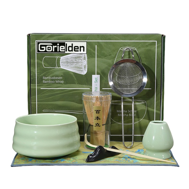 Японски комплект за чай Matcha, бамбук/керамика, 7 части, светло зелено, традиционна ръчно изработена подаръчна кутия Matcha