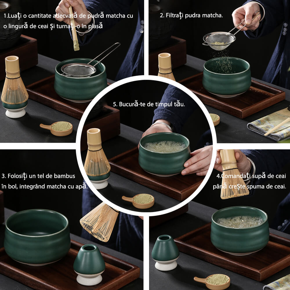 Set de ceai japonez matcha, bambus/ceramica, 7 piese, Bambus