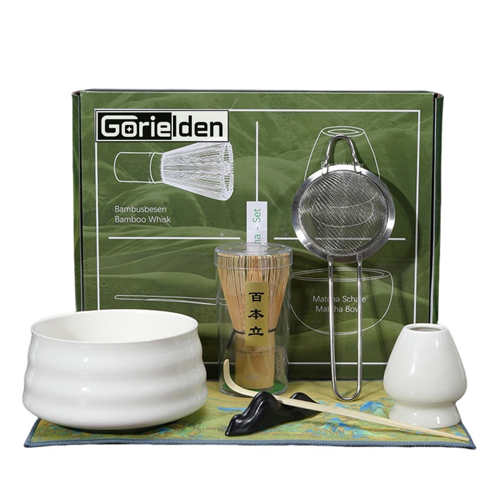 Японски комплект за чай матча, бамбук/керамика, 7 части, бял, ръчно изработен комплект подаръчни кутии за традиционна матча