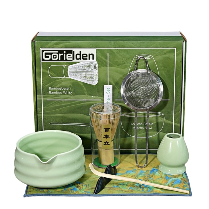 Японски комплект за чай матча, бамбук/керамика, 7 части, зелена мента, с купа за матча, бамбукова бъркалка, лъжица за чай, цедка за чай от неръждаема стомана, керамична поставка за бъркалка