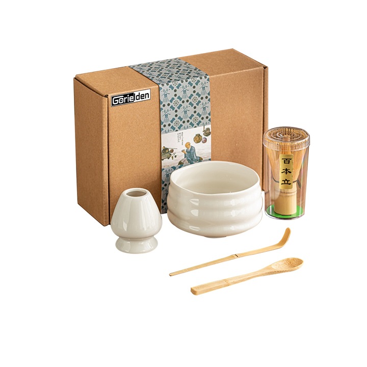 Японски комплект за чай мача, бамбук/керамика, 5 части, светлозелена пукнатина