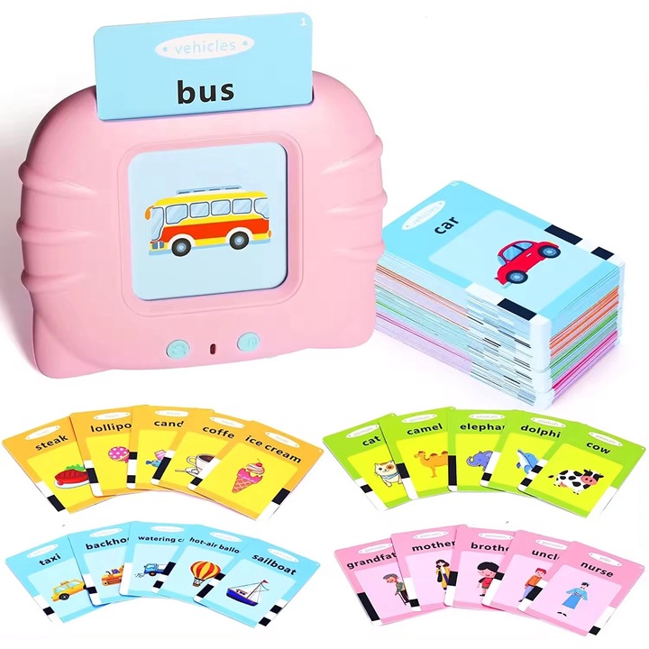 Jucarie educativa Montessori pentru copii, aparat de invatat cuvinte in limba engleza cu cititor de carduri flash, 224 de cuvinte, 112 carduri, incarcare MicroUSB, Roz, E-Toy