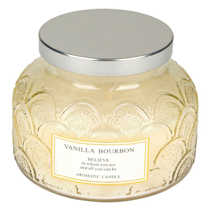 Lumanare Parfumata Ecru in Borcan Rotund cu Capac Argintiu, Aroma Vanilla Bourbon, Durata de Ardere 54 ore, Ø12.5x10cm, Decoratiune Casa, Atmosfera Speciala