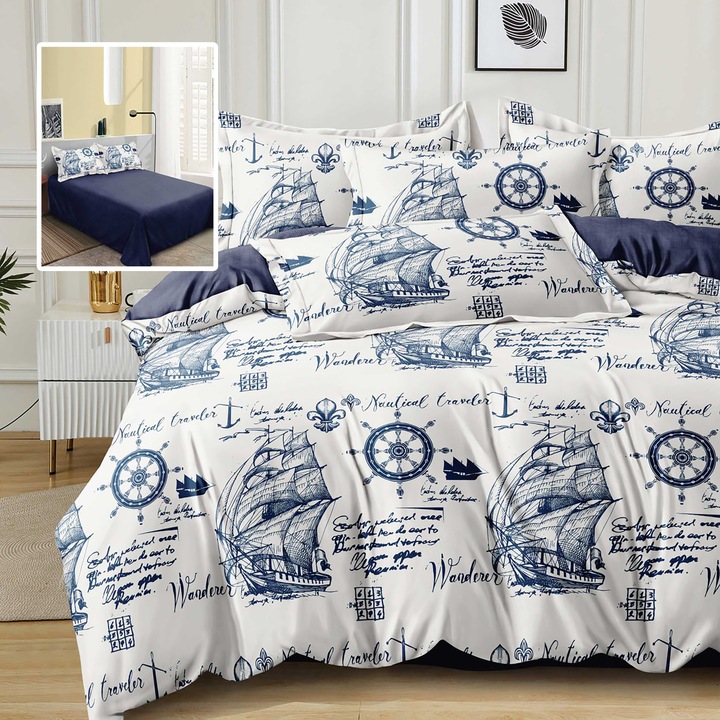 Двойно спално бельо Fine Cotton Thick 6 части чаршаф NufJoy® 220x240 см, чаршаф за завивка 200x220 см, 2 калъфки за възглавници 70x70 см, 2 калъфки за възглавници 50x70 см M532 Blue Navy
