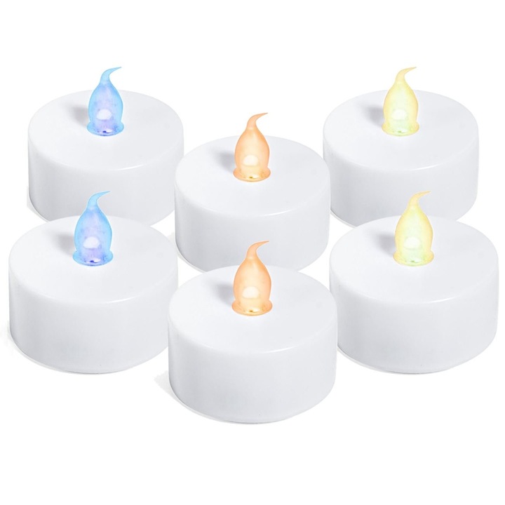 Lumanari Tip Pastila LED cu Baterie, Flacara Albastra/Rosie/Galbena, 80-100 Ore Durata de Functionare, Buton Pornire/Oprire, Ø4x4cm - Set 6 Bucati