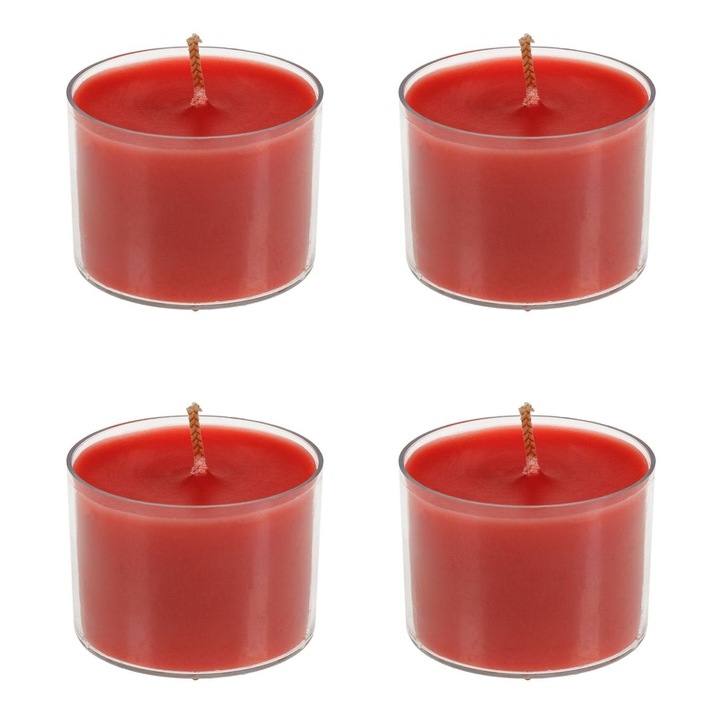 Piros mécses gyertyák műanyag edényben, cseresznye aroma, égési idő 6 óra, Ø3,8x5cm, 4 db-os készlet
