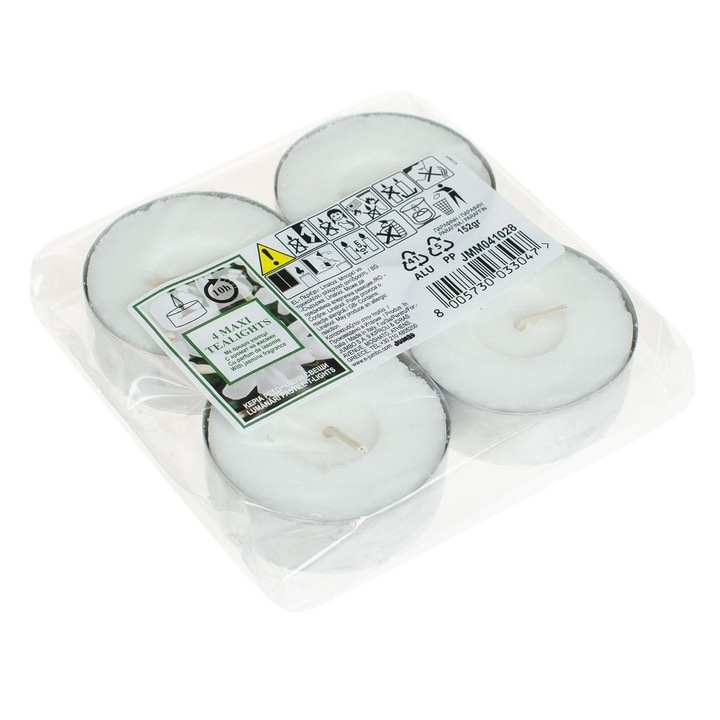 Jázmin illatú fehér mécses gyertyák, Ø5,5x2cm, 4 db, Égési idő 10 óra, Elegáns belső dekoráció, Kellemes és meleg hangulat, Minőségi paraffin