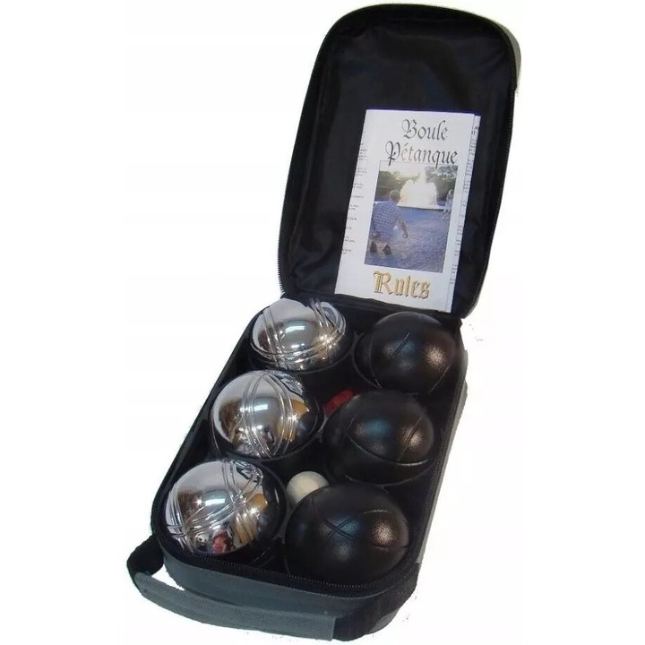 Tactic Boules/Petanque játékkészlet, 6 golyó (3 fekete, 3 króm), 73 mm, nylon táska